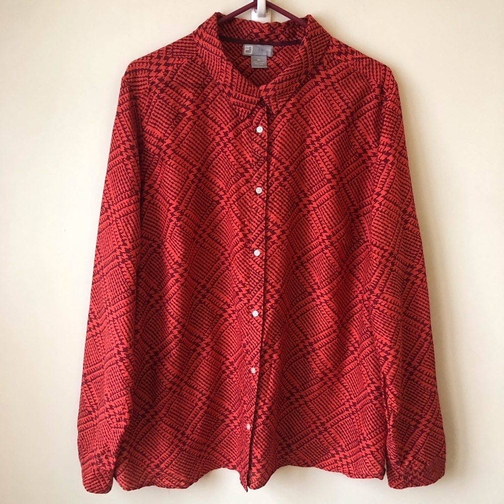 JCP silk blend button up long sleeve collared shirt  red purple pattern Size 3X